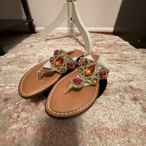 Thalia Sodi Jewel-Embellished Sandals in Tan and Gold
